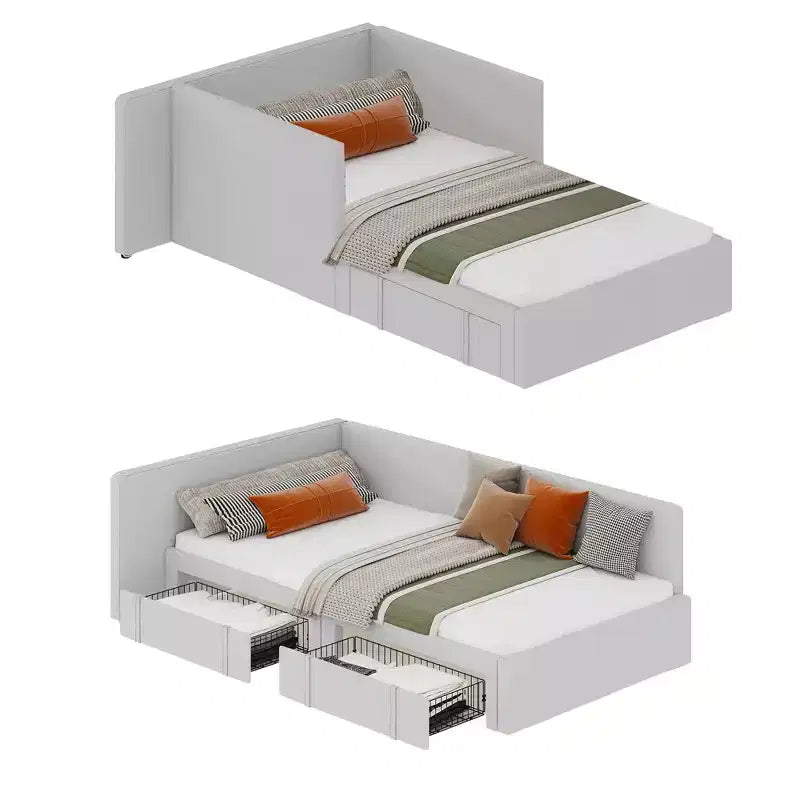 Lit de jour double avec tiroirs de rangement, cadre de lit d'angle rembourré en velours avec tête de lit, lit moderne pour enfants avec barrières de sécurité pour le salon, assemblage facile