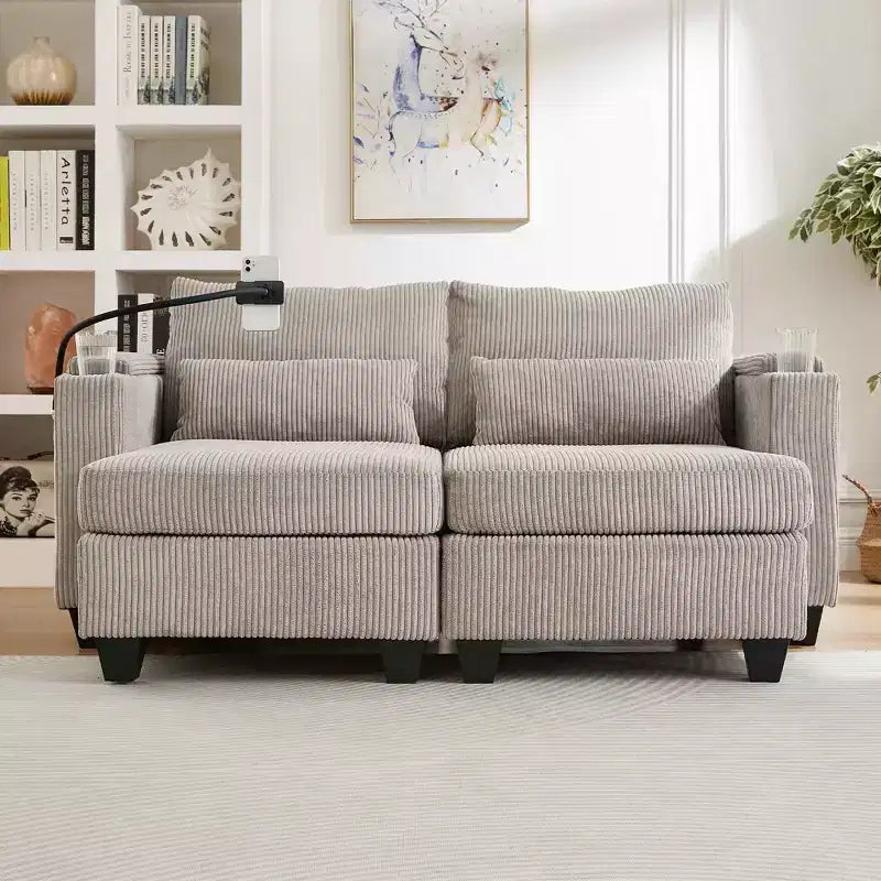 MAYEERTY Convertible Chaise Loveseat Sofa Bed Corduroy Sleeper Sofa with Ports Two Cup Holders for Living Room Brown