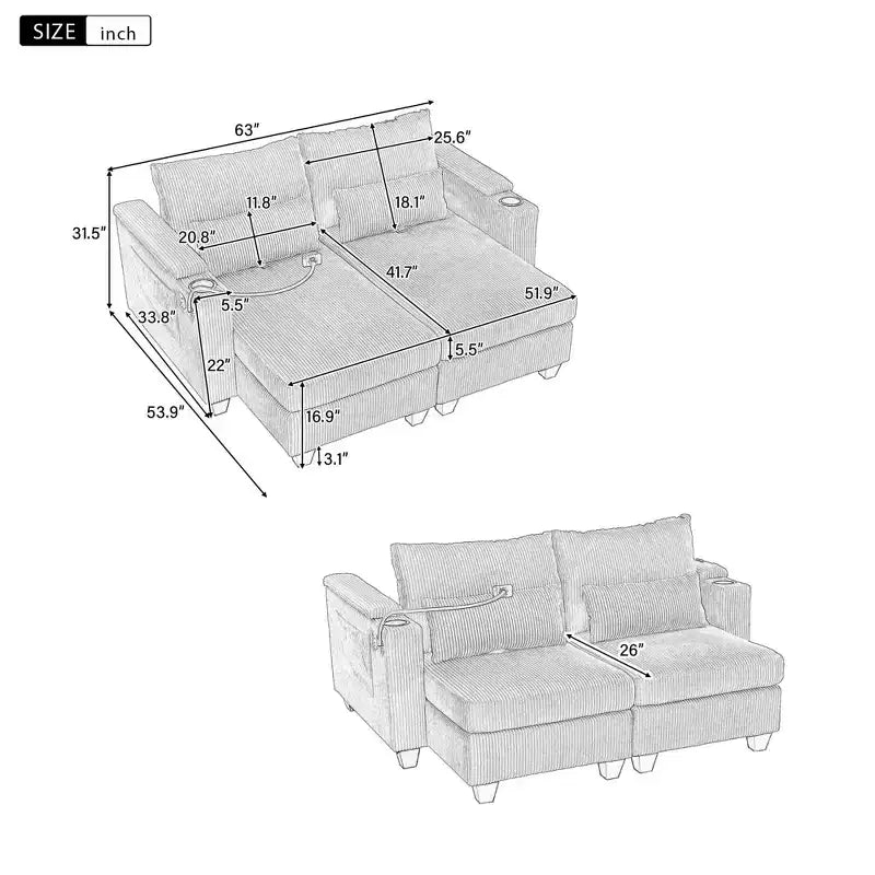 MAYEERTY Canapé convertible Chaise causeuse Canapé-lit en velours côtelé avec ports et deux porte-gobelets pour salon, Marron
