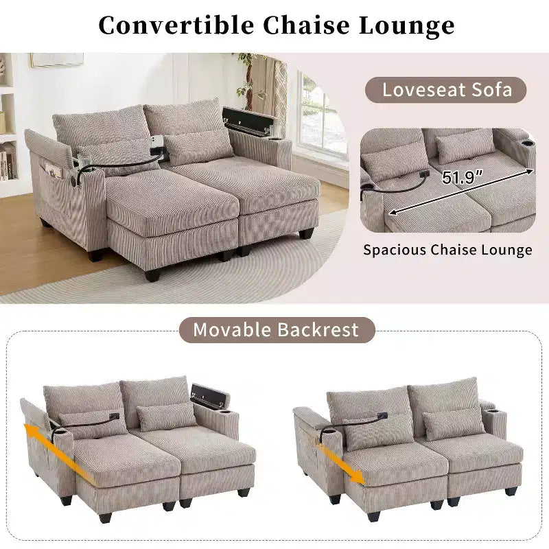 Divano letto MAYEERTY trasformabile a chaise longue in velluto a coste, con porte e due portabicchieri, per soggiorno, marrone