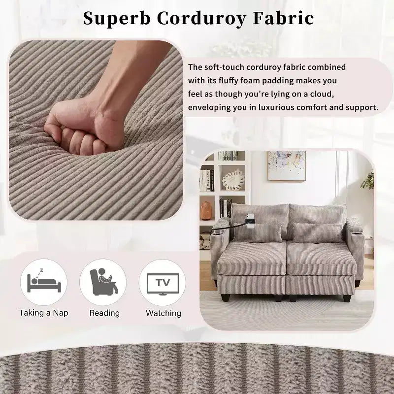 Divano letto MAYEERTY trasformabile a chaise longue in velluto a coste, con porte e due portabicchieri, per soggiorno, marrone