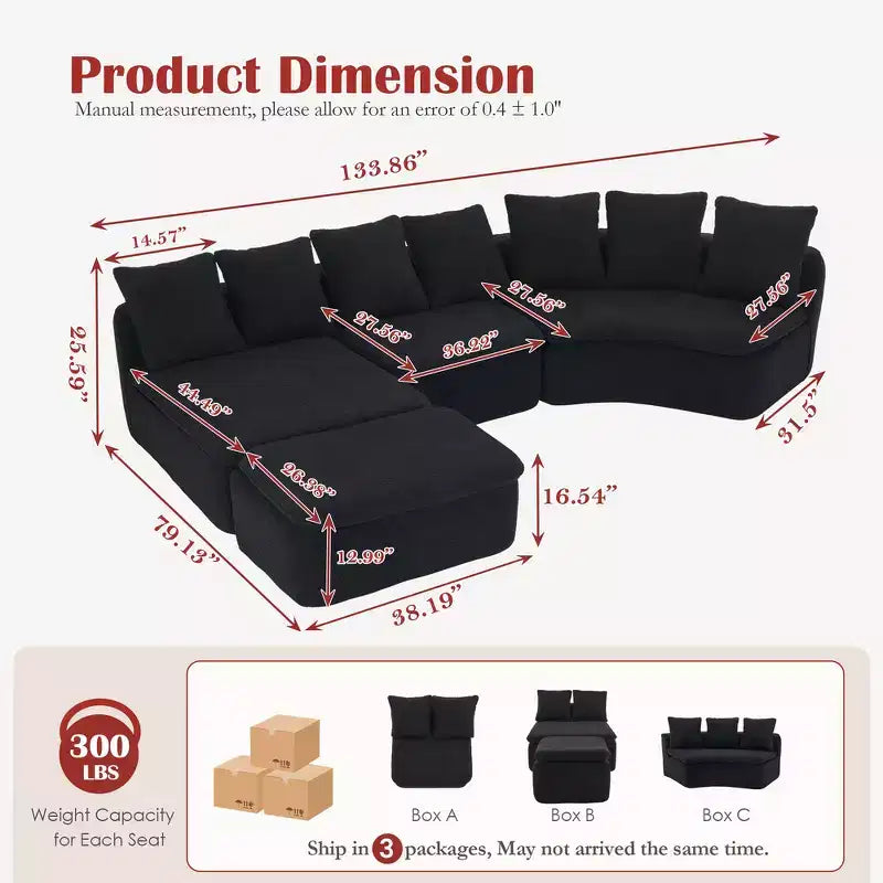 Canapé d'angle modulaire en U Whisen de 338 cm avec module inclinable amovible