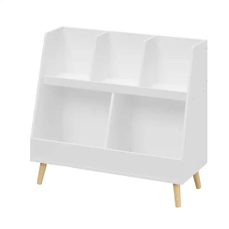 VIYET 28 Kids 5-Cubby Bookshelf Toy Organizer,White Wooden 2-Tier Storage Rack w/ Pine Legs (Anti-Tipping Nursery/Playroom Organizer)