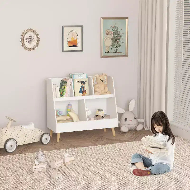 VIYET 28 Scaffale per bambini a 5 ripiani, organizer per giocattoli, in legno bianco a 2 livelli con gambe in pino (organizer antiribaltamento per cameretta/sala giochi)