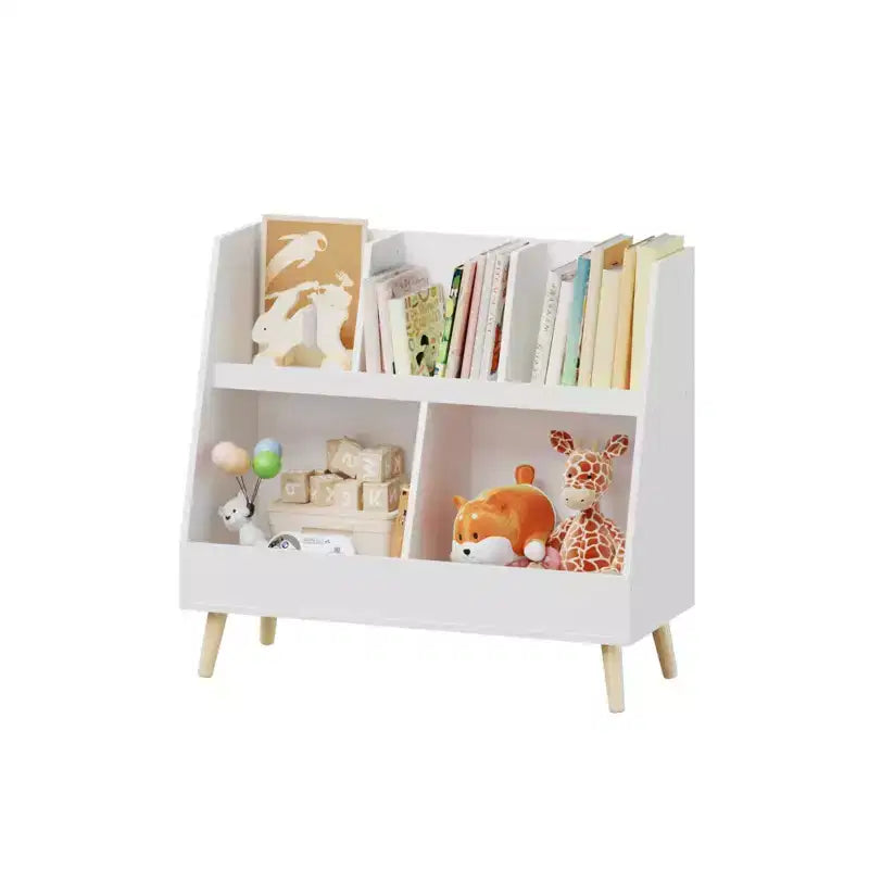 VIYET 28 Scaffale per bambini a 5 ripiani, organizer per giocattoli, in legno bianco a 2 livelli con gambe in pino (organizer antiribaltamento per cameretta/sala giochi)