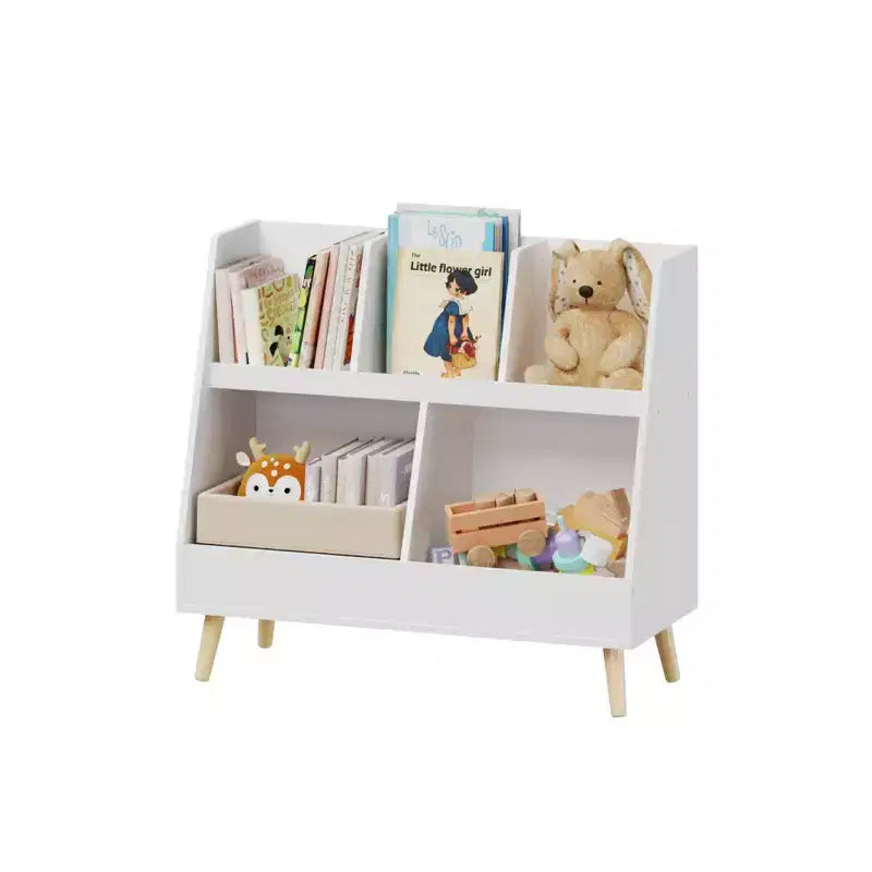VIYET 28 Scaffale per bambini a 5 ripiani, organizer per giocattoli, in legno bianco a 2 livelli con gambe in pino (organizer antiribaltamento per cameretta/sala giochi)