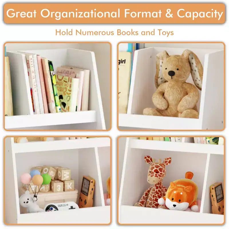 VIYET 28 Scaffale per bambini a 5 ripiani, organizer per giocattoli, in legno bianco a 2 livelli con gambe in pino (organizer antiribaltamento per cameretta/sala giochi)