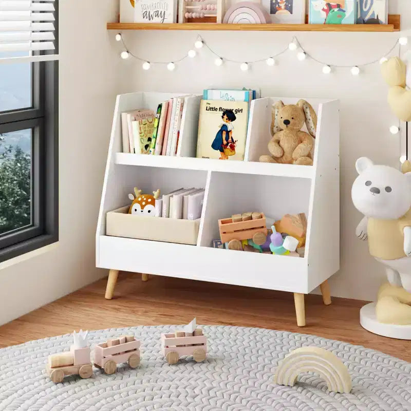 VIYET 28 Scaffale per bambini a 5 ripiani, organizer per giocattoli, in legno bianco a 2 livelli con gambe in pino (organizer antiribaltamento per cameretta/sala giochi)