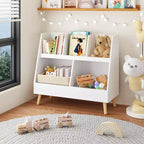 VIYET 28 Scaffale per bambini a 5 ripiani, organizer per giocattoli, in legno bianco a 2 livelli con gambe in pino (organizer antiribaltamento per cameretta/sala giochi)