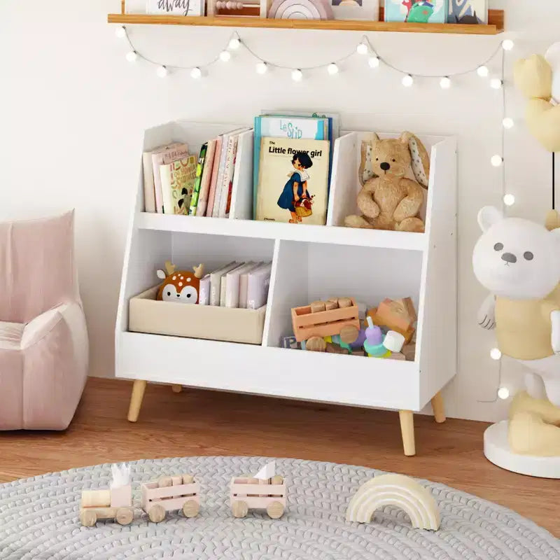VIYET 28 Scaffale per bambini a 5 ripiani, organizer per giocattoli, in legno bianco a 2 livelli con gambe in pino (organizer antiribaltamento per cameretta/sala giochi)