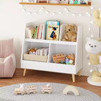 VIYET 28 Scaffale per bambini a 5 ripiani, organizer per giocattoli, in legno bianco a 2 livelli con gambe in pino (organizer antiribaltamento per cameretta/sala giochi)