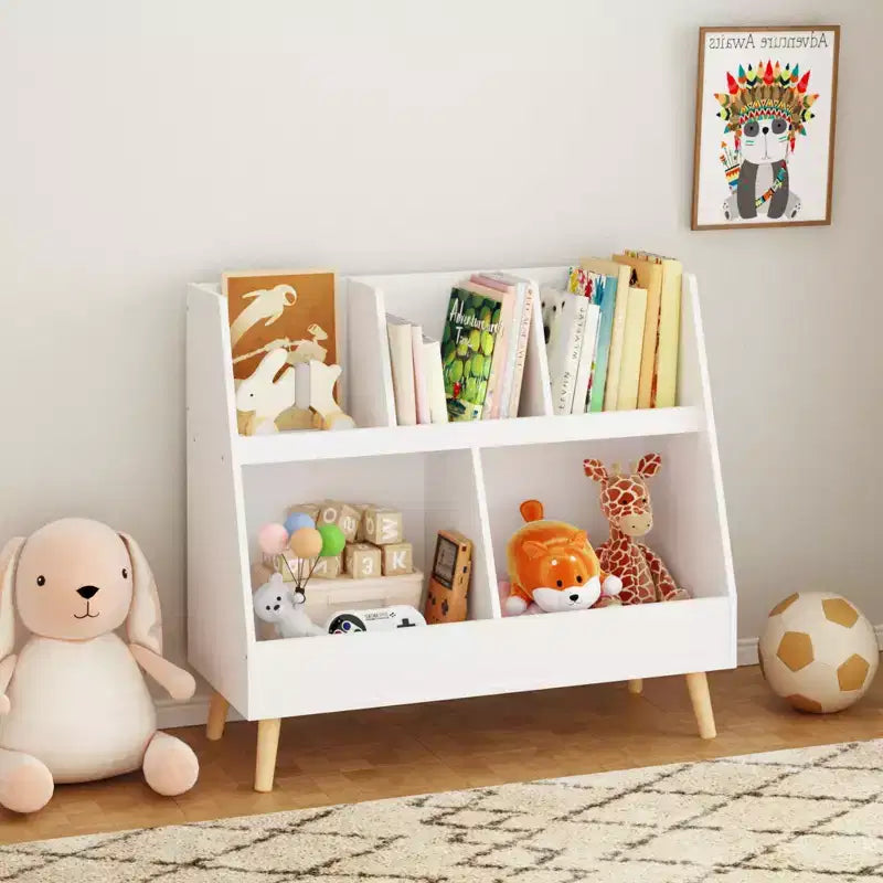 VIYET 28 Scaffale per bambini a 5 ripiani, organizer per giocattoli, in legno bianco a 2 livelli con gambe in pino (organizer antiribaltamento per cameretta/sala giochi)