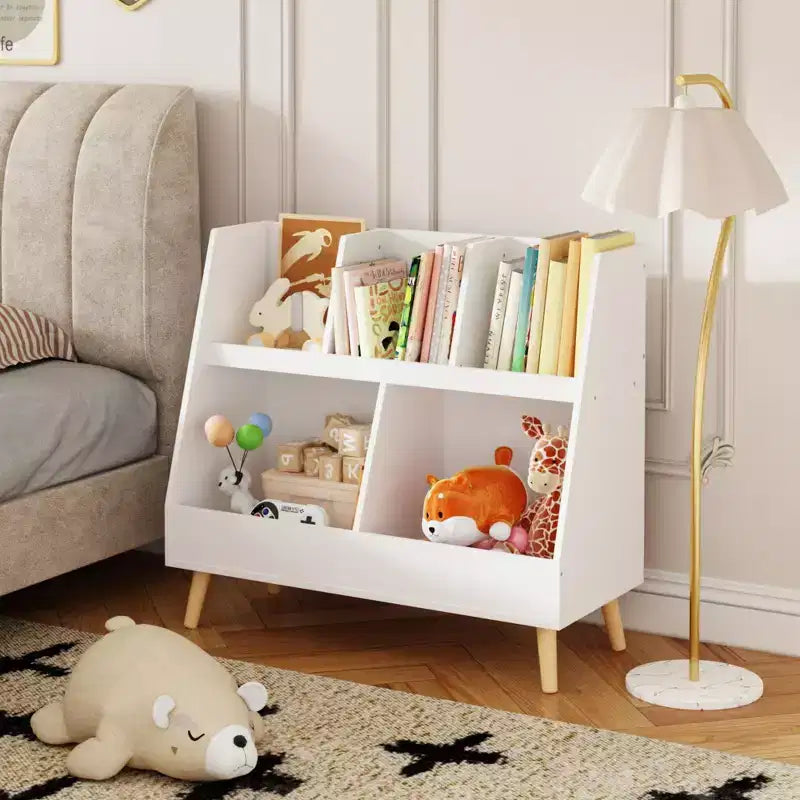 VIYET 28 Scaffale per bambini a 5 ripiani, organizer per giocattoli, in legno bianco a 2 livelli con gambe in pino (organizer antiribaltamento per cameretta/sala giochi)