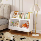 VIYET 28 Scaffale per bambini a 5 ripiani, organizer per giocattoli, in legno bianco a 2 livelli con gambe in pino (organizer antiribaltamento per cameretta/sala giochi)