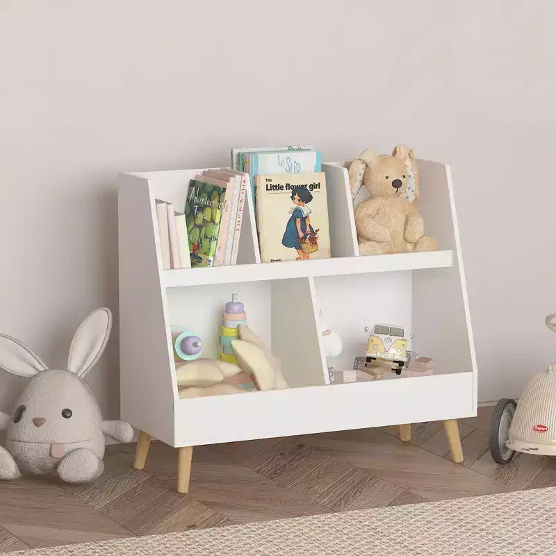 VIYET 28 Scaffale per bambini a 5 ripiani, organizer per giocattoli, in legno bianco a 2 livelli con gambe in pino (organizer antiribaltamento per cameretta/sala giochi)