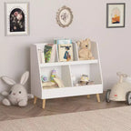 VIYET 28 Scaffale per bambini a 5 ripiani, organizer per giocattoli, in legno bianco a 2 livelli con gambe in pino (organizer antiribaltamento per cameretta/sala giochi)