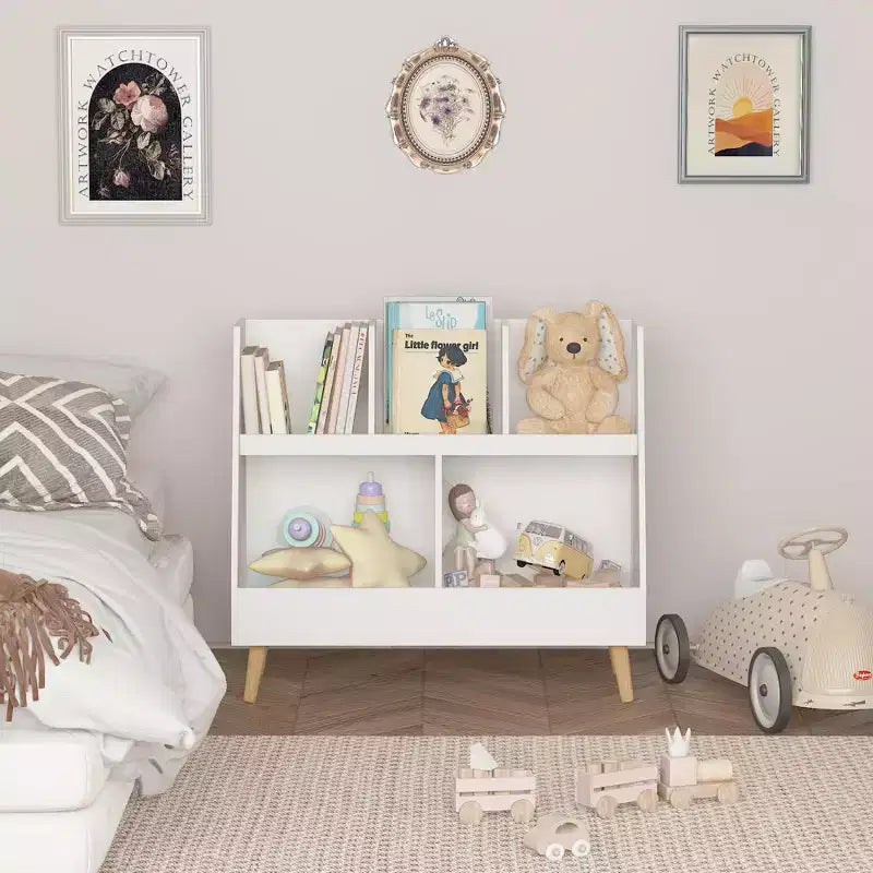VIYET 28 Scaffale per bambini a 5 ripiani, organizer per giocattoli, in legno bianco a 2 livelli con gambe in pino (organizer antiribaltamento per cameretta/sala giochi)