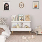 VIYET 28 Scaffale per bambini a 5 ripiani, organizer per giocattoli, in legno bianco a 2 livelli con gambe in pino (organizer antiribaltamento per cameretta/sala giochi)
