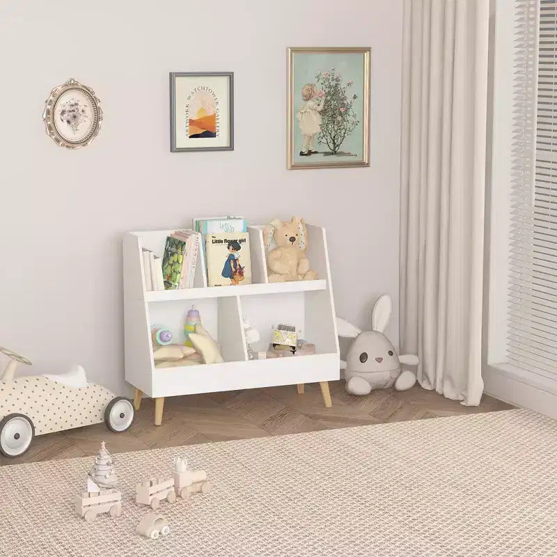 VIYET 28 Scaffale per bambini a 5 ripiani, organizer per giocattoli, in legno bianco a 2 livelli con gambe in pino (organizer antiribaltamento per cameretta/sala giochi)