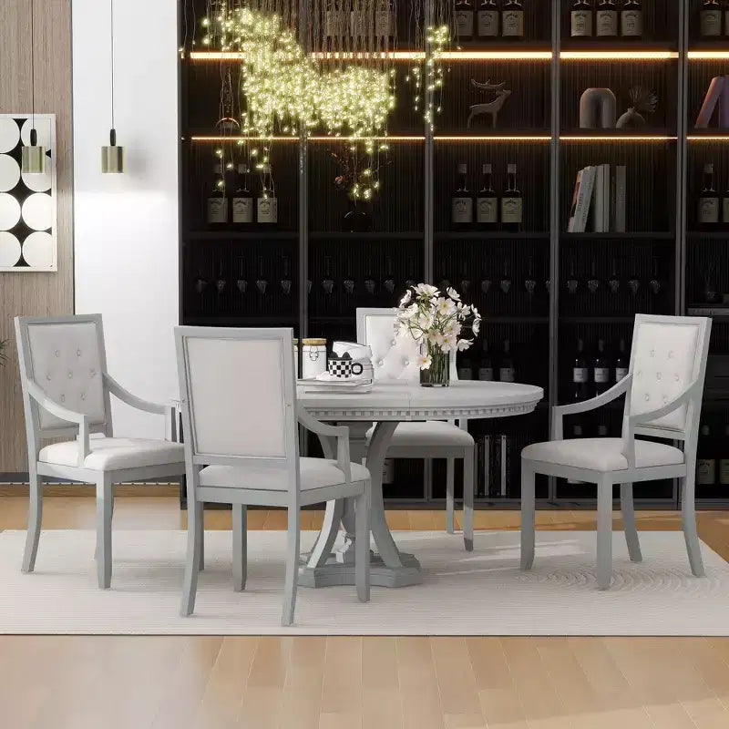 Ensemble de salle à manger rond de style ferme pour 4 personnes, table de cuisine extensible en bois avec 4 chaises rembourrées
