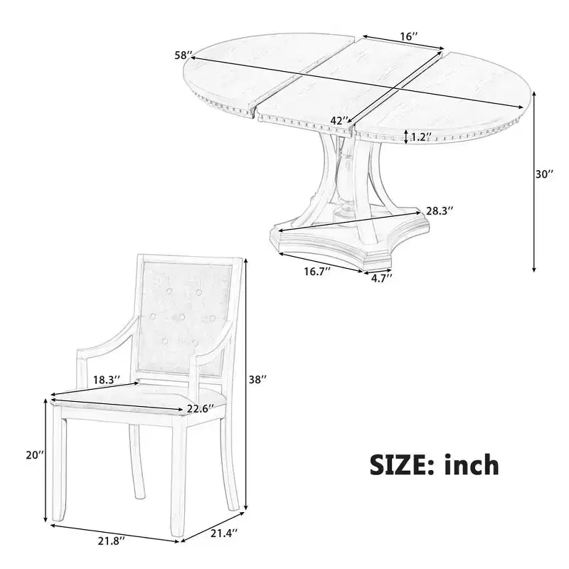 Ensemble de salle à manger rond de style ferme pour 4 personnes, table de cuisine extensible en bois avec 4 chaises rembourrées