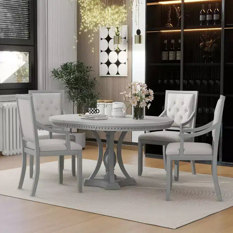 Farmhouse Round Dining Set for 4, Wood Kitchen Extendable Dining Table Set with 4 Upholstered Chairs