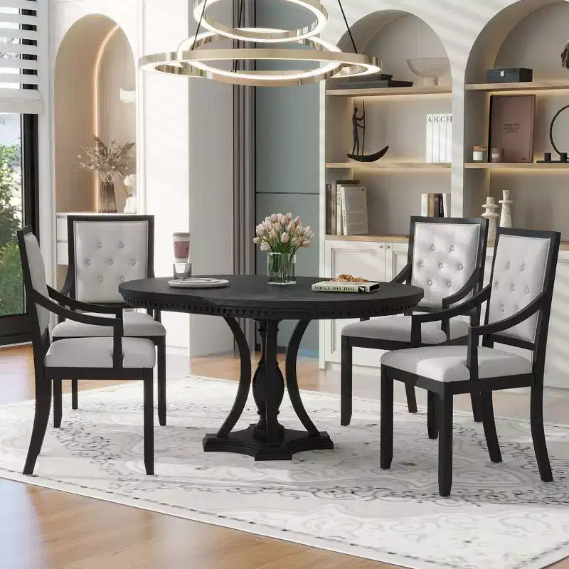 Ensemble de salle à manger rond de style ferme pour 4 personnes, table de cuisine extensible en bois avec 4 chaises rembourrées
