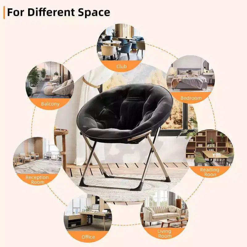Sedia a Piatto Imbottita Oversize per Camera da Letto o Dormitorio, Sedia Lounge Pieghevole con Robusta Struttura in Metallo, Seduta Ultra Accogliente, Nero + Oro