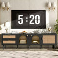 JVNOXK 70-inch rattan TV stand with 3 cabinets and 2 drawers featuring LED lighting. Suitable for TVs up to 80 inches. Ideal for living rooms. Black
