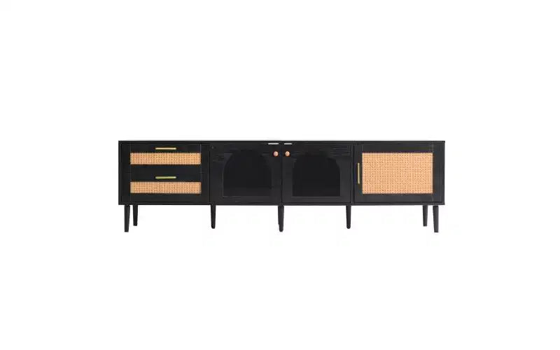 JVNOXK Mobile TV in rattan da 70 pollici con 3 armadietti e 2 cassetti, dotato di illuminazione a LED. Adatto per TV fino a 80 pollici. Ideale per salotti. Nero.