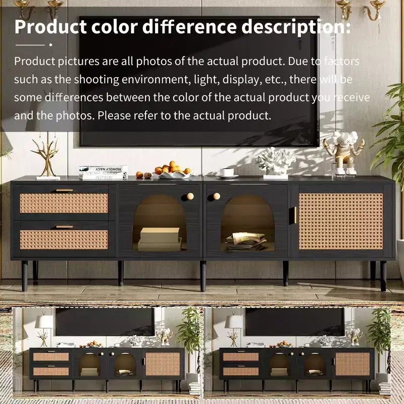 JVNOXK Mobile TV in rattan da 70 pollici con 3 armadietti e 2 cassetti, dotato di illuminazione a LED. Adatto per TV fino a 80 pollici. Ideale per salotti. Nero.