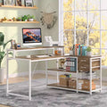 Lantine L Shaped Desk with Drawers and Monitor Stand, L Corner Desk with Storage Shelves, Beige Wooden PC Table for Small Home Office