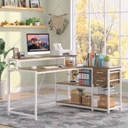 Lantine L Shaped Desk with Drawers and Monitor Stand, L Corner Desk with Storage Shelves, Beige Wooden PC Table for Small Home Office