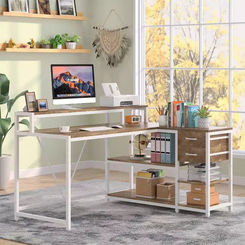Lantine L Shaped Desk with Drawers and Monitor Stand, L Corner Desk with Storage Shelves, Beige Wooden PC Table for Small Home Office
