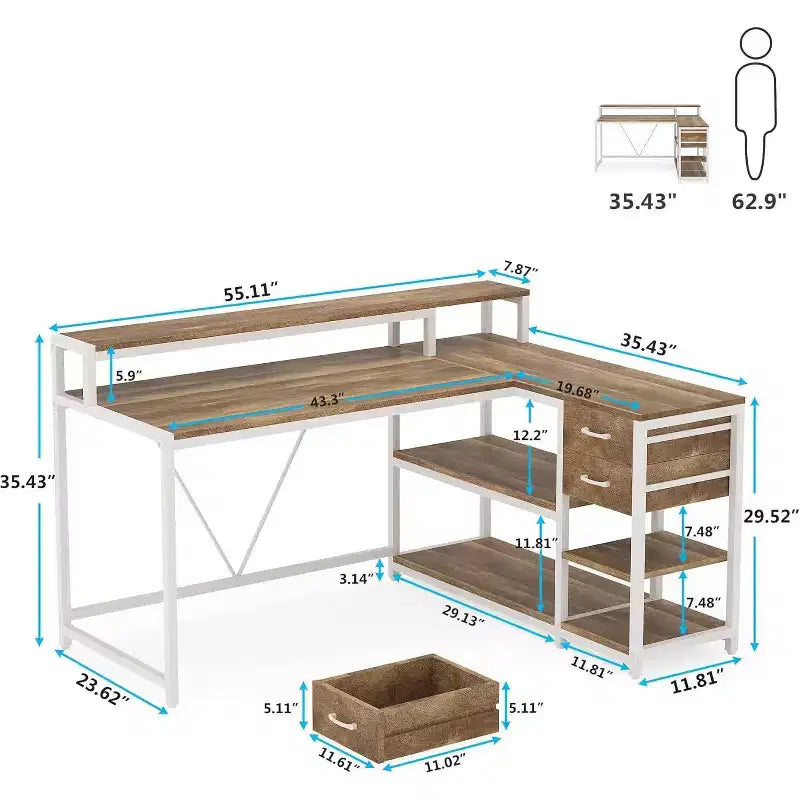 Bureau d'angle en L Lantine avec tiroirs et support d'écran, bureau d'angle en L avec étagères de rangement, table d'ordinateur en bois beige pour petit bureau à domicile