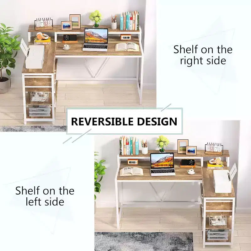 Scrivania a L Lantine con cassetti e supporto per monitor, scrivania angolare a L con ripiani portaoggetti, tavolo per PC in legno beige per piccolo ufficio domestico