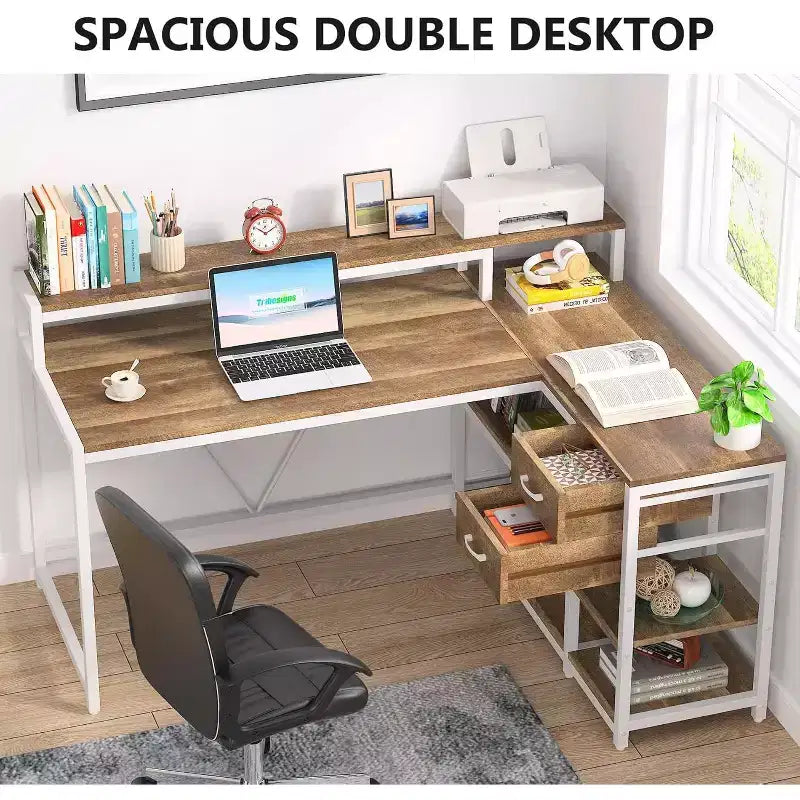 Scrivania a L Lantine con cassetti e supporto per monitor, scrivania angolare a L con ripiani portaoggetti, tavolo per PC in legno beige per piccolo ufficio domestico