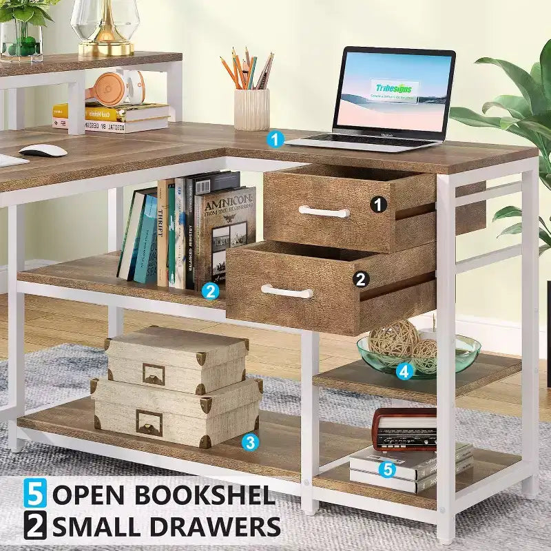 Scrivania a L Lantine con cassetti e supporto per monitor, scrivania angolare a L con ripiani portaoggetti, tavolo per PC in legno beige per piccolo ufficio domestico