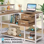 Scrivania a L Lantine con cassetti e supporto per monitor, scrivania angolare a L con ripiani portaoggetti, tavolo per PC in legno beige per piccolo ufficio domestico