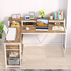 Scrivania a L Lantine con cassetti e supporto per monitor, scrivania angolare a L con ripiani portaoggetti, tavolo per PC in legno beige per piccolo ufficio domestico