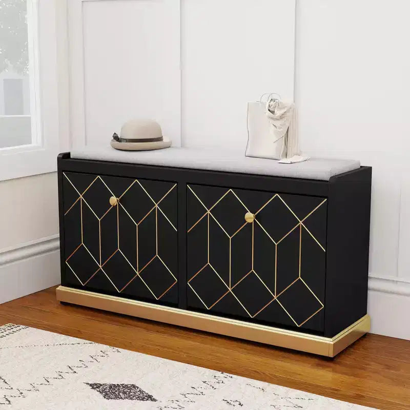 Modern Shoe Storage Bench with 2 Flip Drawers & Padded Cushion Seat, Upholstered Entryway Organizer for Hallway Closet Living Room - Gold Trim