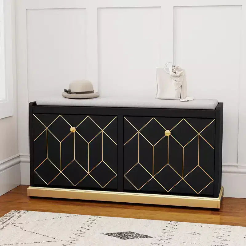Banc de rangement à chaussures moderne avec 2 tiroirs basculants et coussin d'assise rembourré, organisateur d'entrée rembourré pour couloir, placard, salon - Bordure dorée