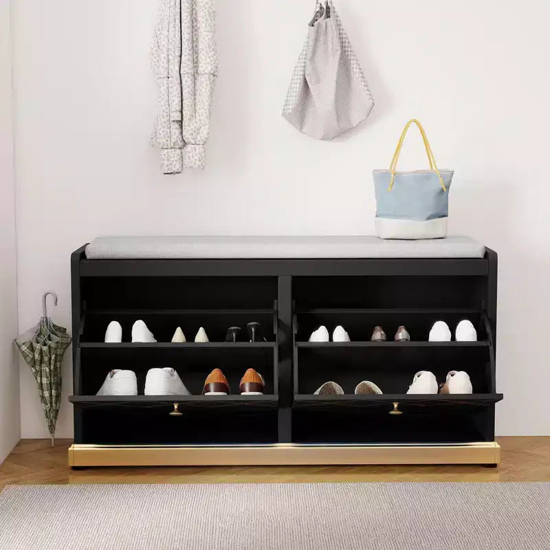 Banc de rangement à chaussures moderne avec 2 tiroirs basculants et coussin d'assise rembourré, organisateur d'entrée rembourré pour couloir, placard, salon - Bordure dorée