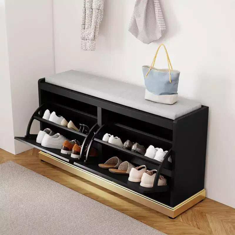Banc de rangement à chaussures moderne avec 2 tiroirs basculants et coussin d'assise rembourré, organisateur d'entrée rembourré pour couloir, placard, salon - Bordure dorée
