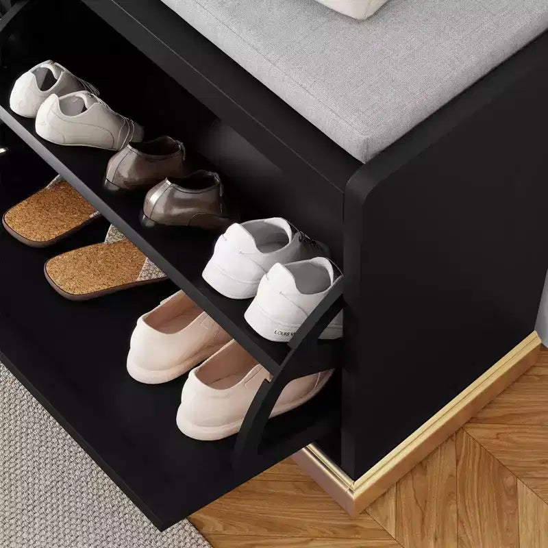 Banc de rangement à chaussures moderne avec 2 tiroirs basculants et coussin d'assise rembourré, organisateur d'entrée rembourré pour couloir, placard, salon - Bordure dorée
