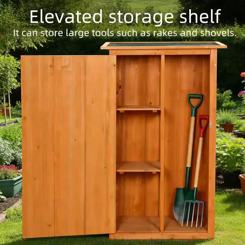 Casetta porta attrezzi da esterno in legno - Armadio da giardino impermeabile con tetto piatto e chiusura a chiave per cortile, terrazzo, prato e terreno agricolo.