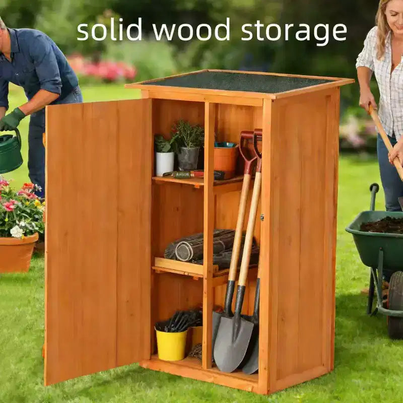 Casetta porta attrezzi da esterno in legno - Armadio da giardino impermeabile con tetto piatto e chiusura a chiave per cortile, terrazzo, prato e terreno agricolo.