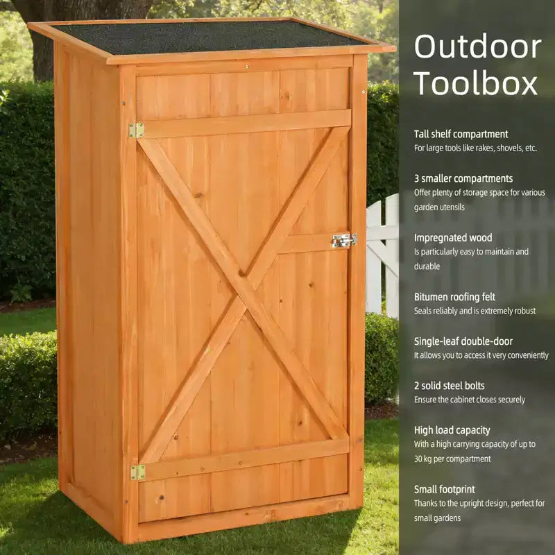 Casetta porta attrezzi da esterno in legno - Armadio da giardino impermeabile con tetto piatto e chiusura a chiave per cortile, terrazzo, prato e terreno agricolo.