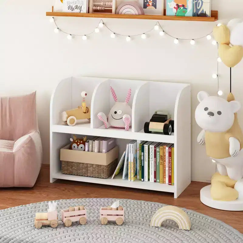 VIYET 24 Libreria per Bambini a 4 Scomparti, Scaffale per Esposizione e Contenimento in MDF Bianco (Organizzatore di Giocattoli Antiribaltamento per Sala Giochi/Nursery)