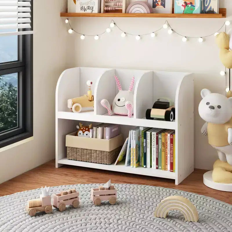 VIYET 24 Libreria per Bambini a 4 Scomparti, Scaffale per Esposizione e Contenimento in MDF Bianco (Organizzatore di Giocattoli Antiribaltamento per Sala Giochi/Nursery)